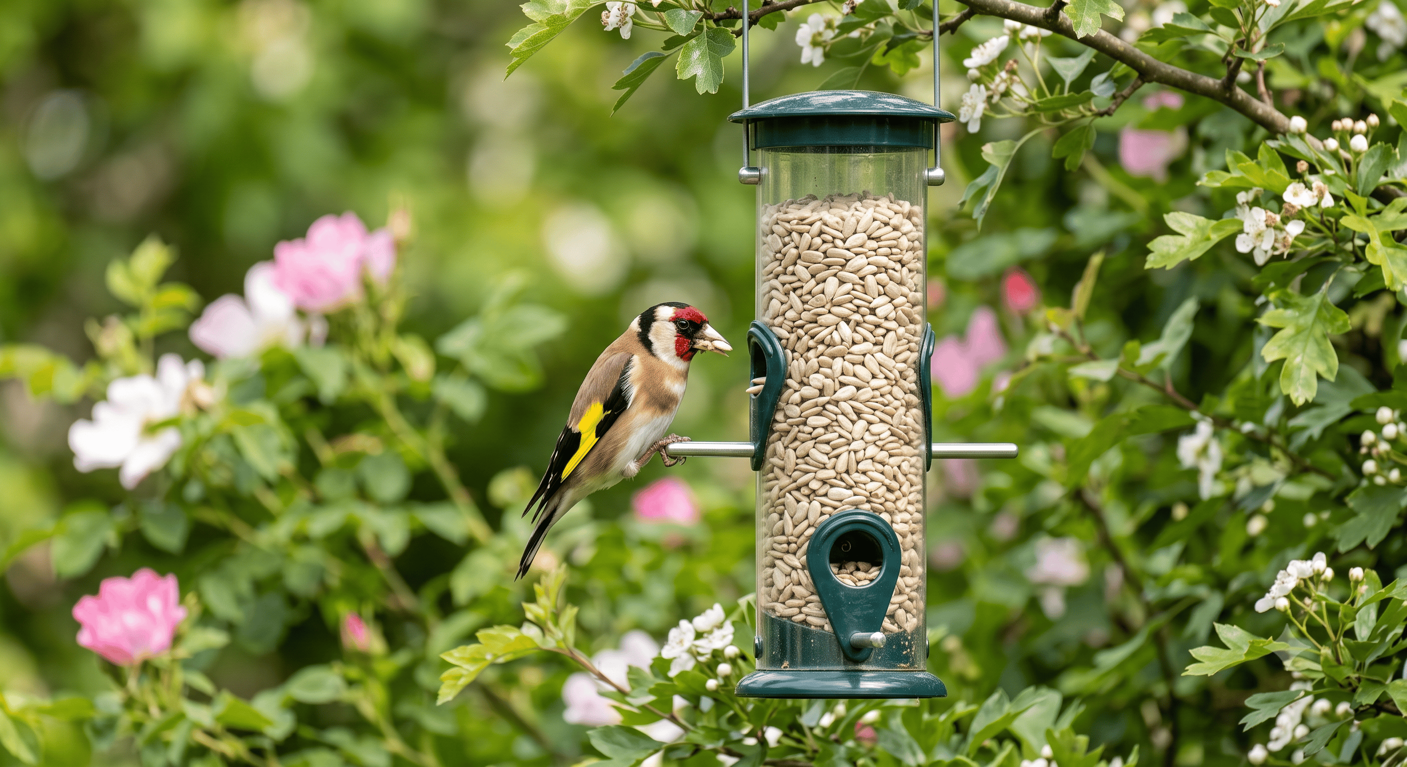Goldfinch perched on a garden feeder filled with sunflower hearts